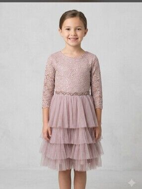 Rare Editions Dusty Rose Lace Bodice Tiered Tulle Dress Size 16